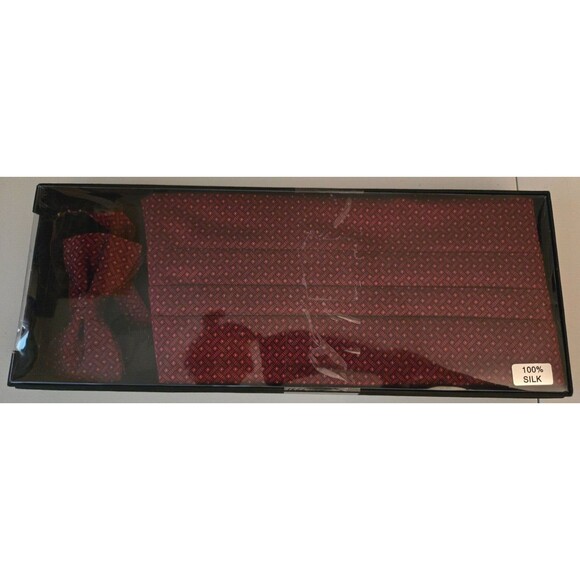 Jos A Bank Cummerbund & Bow Tie Set Burgundy wt Pattern 100% Silk New In Box - Picture 1 of 5